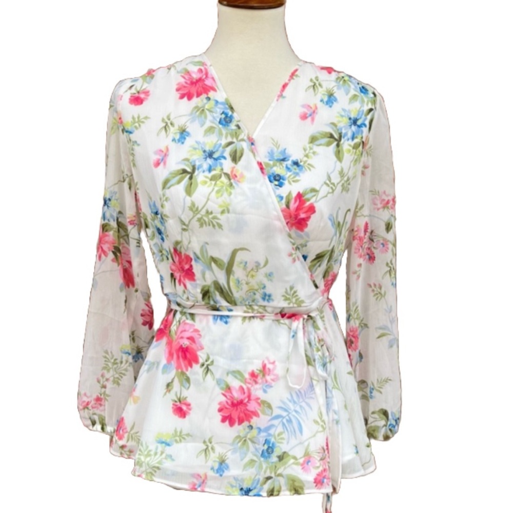 Ann Taylor Sheer Floral Faux Wrap Top, Birds In Delicate Pastel Colors Size 4